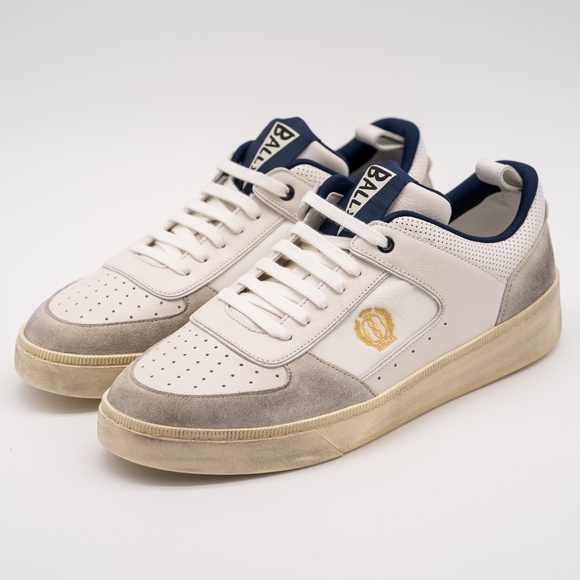 size 13.5 Bally Riweira White Grey Navy Dusty Leather Sneakers - Picture 1 of 13